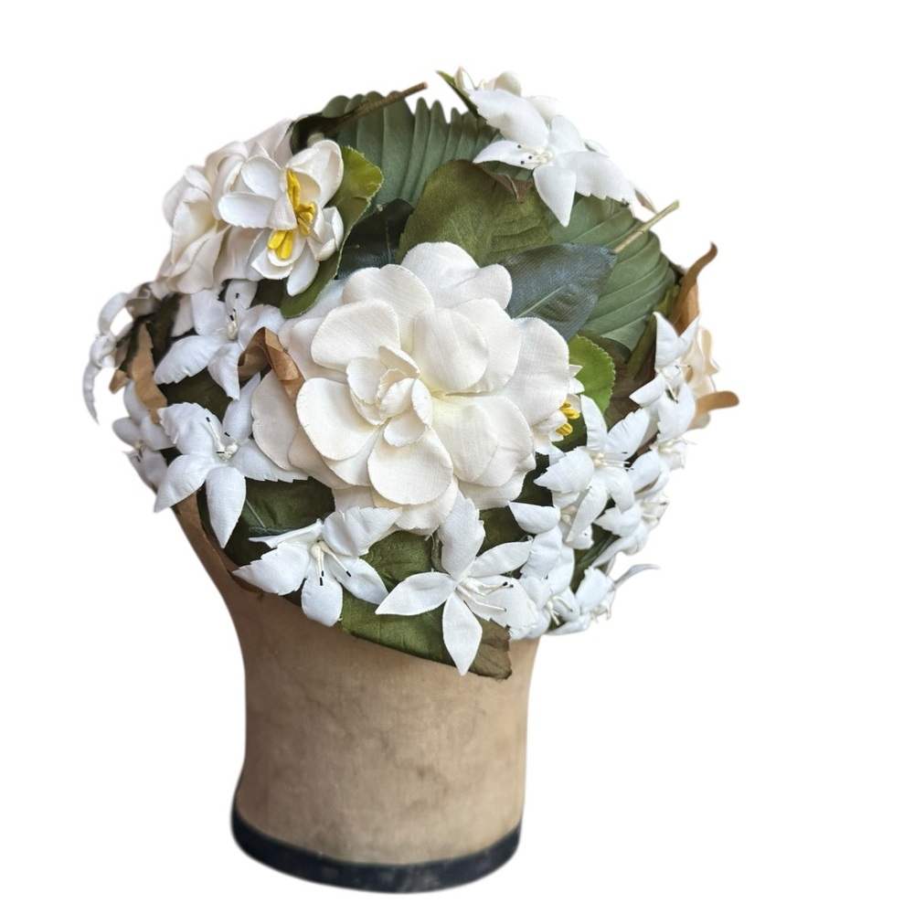 1950s/60s Floral Covered Close‎ Fitting Cap Fascinator Hat - Picture 3 of 6